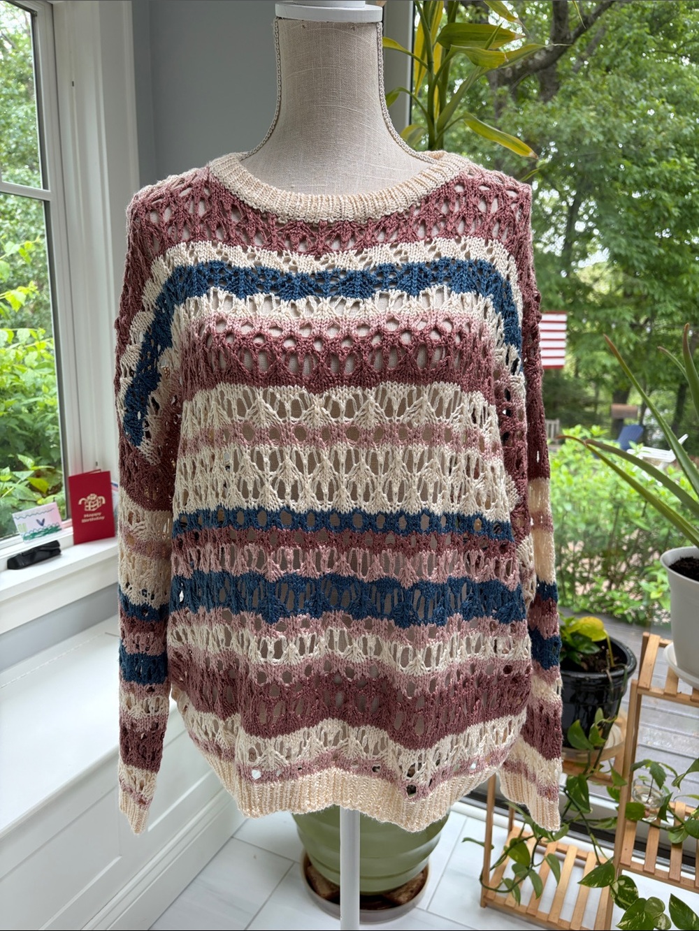 Crochet Striped Crewneck Sweater in Rose, Cream & Blue